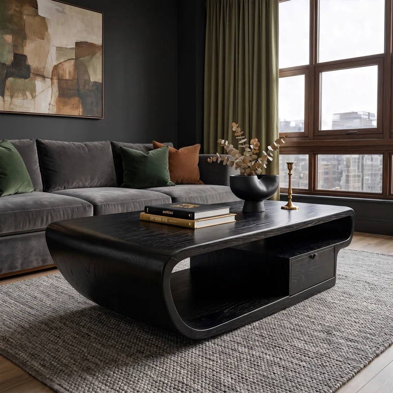 Spry Interior Organic Sculptural Coffee Table with Storage, Handcrafted Solid Wood Center Accent Table for Living Room, SINLKICF364