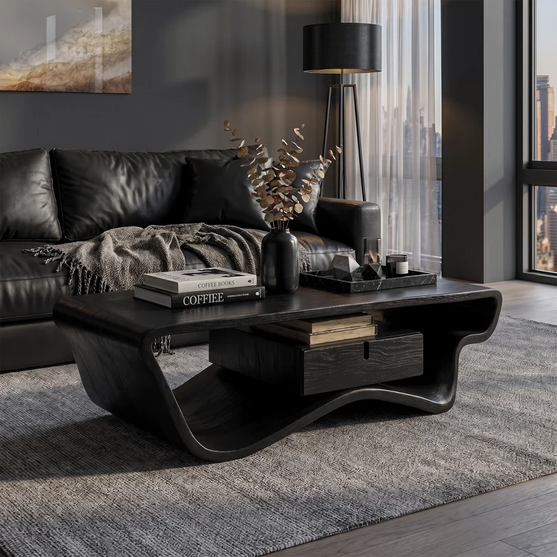 Spry Interior Curved Sculptural Coffee Table with Storage Drawer, Modern Solid Wood Center Accent Table, SINLKICF361