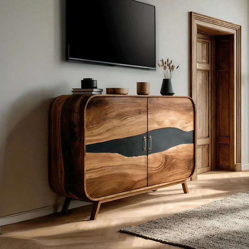 Spry Interior Farmhouse Live Edge Wooden Media Console, Solid Wood TV Stand & Entertainment Center for Entryway & Living Room, SILDTTNTVC115