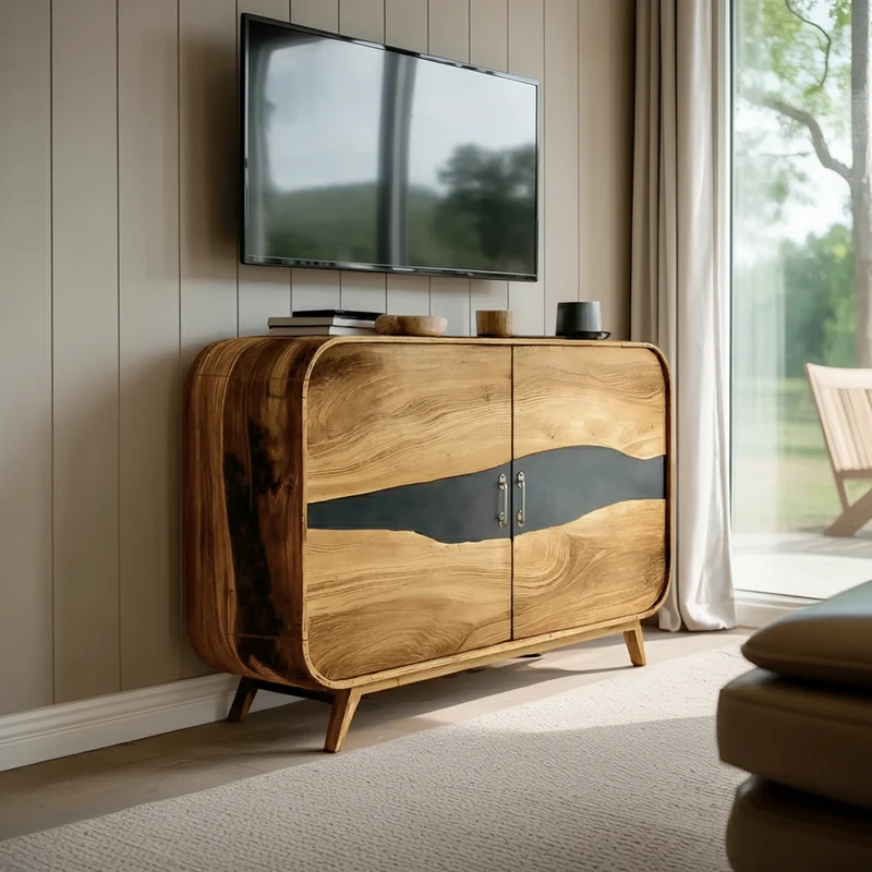 Spry Interior Farmhouse Live Edge Wooden Media Console, Solid Wood TV Stand & Entertainment Center for Entryway & Living Room, SILDTTNTVC115