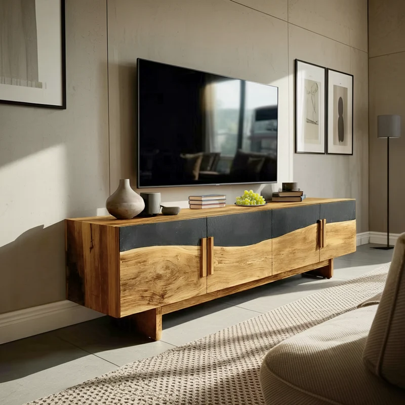 Spry Interior Mid Century Natural Wood Entertainment Unit, Handcrafted TV Stand Media Console for Foyer & Living Room Decor, SILDTTNTVC114