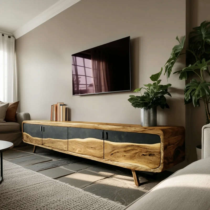 Spry Interior Handcrafted Live Edge TV Console, Natural Slab Wood Entertainment Center & Rustic Media Stand Cabinet, SILDTTNTVC100