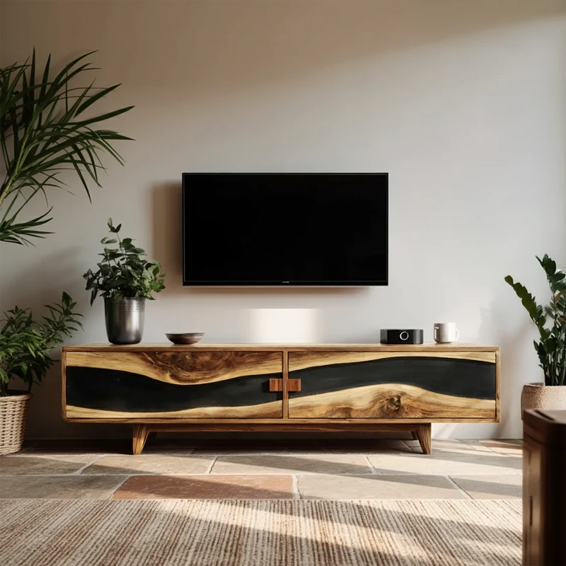 Spry Interior Farmhouse Wooden Entertainment Center, Solid Wood Rustic TV Stand & Storage Console for Living Room, SILDTTNTVC099