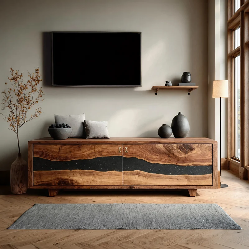 Spry Interior Handcrafted Live Edge TV Cabinet, Rustic Solid Wood Media Console & Entertainment Center Stand, SILDTTNTVC092