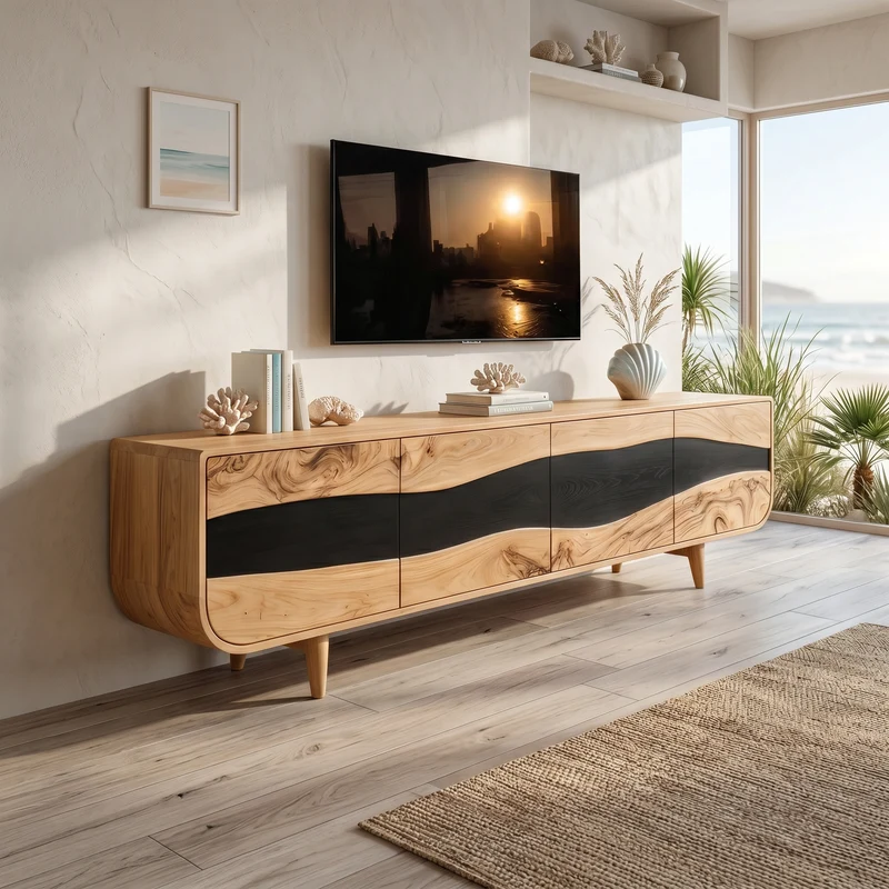Spry Interior Handcrafted Wooden Live Edge TV Stand, Rustic Solid Wood Media Console & Entertainment Center, SILDTTNTVC084