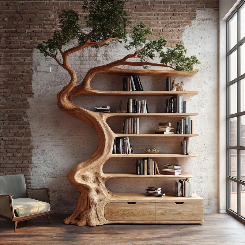 Spry Interior Rustic Tree Bookshelf with Storage Cabinet, Handcrafted Wood Branch Bookcase for Living Room, SINLKITB724