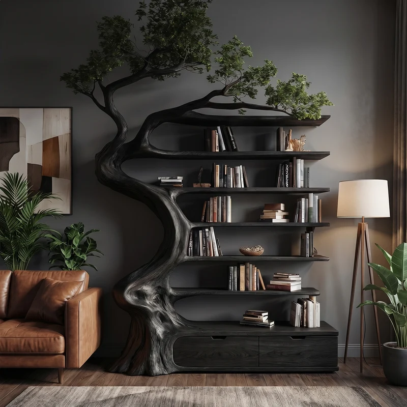 Spry Interior Rustic Tree Bookshelf with Storage Cabinet, Handcrafted Wood Branch Bookcase for Living Room, SINLKITB724