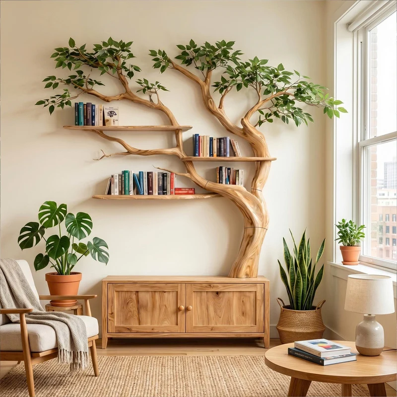 Spry Interior Sculptural Tree Bookcase with Storage Drawer, Handcrafted Solid Wood Branch Bookshelf for Reading Room, SINLKITB723