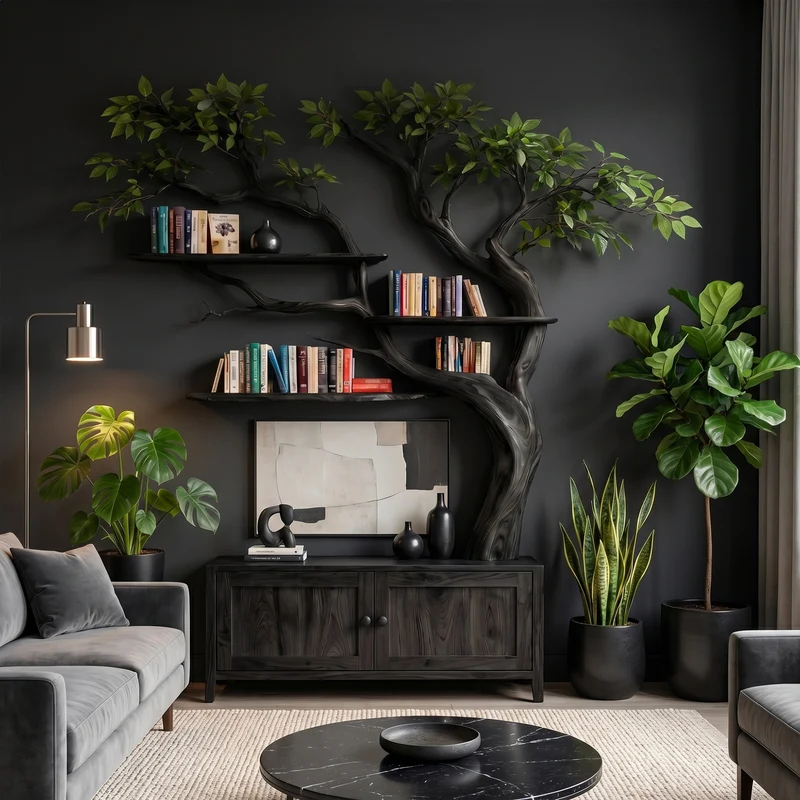 Spry Interior Sculptural Tree Bookcase with Storage Drawer, Handcrafted Solid Wood Branch Bookshelf for Reading Room, SINLKITB723