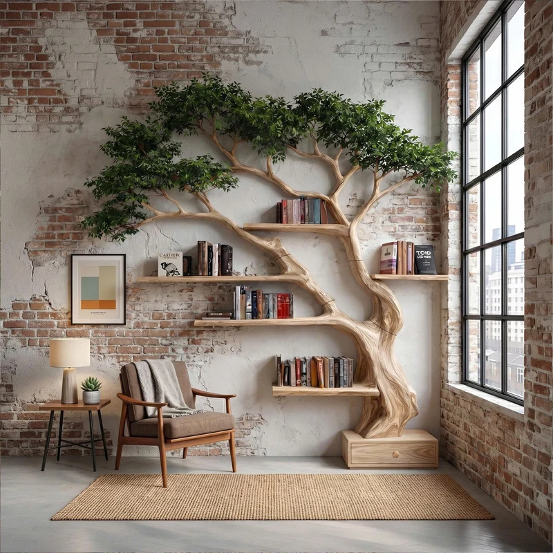 Spry Interior Nature Inspired Tree Bookshelf, Handcrafted Solid Wood Branch Bookcase Display Organizer for Bedroom, SINLKITB722