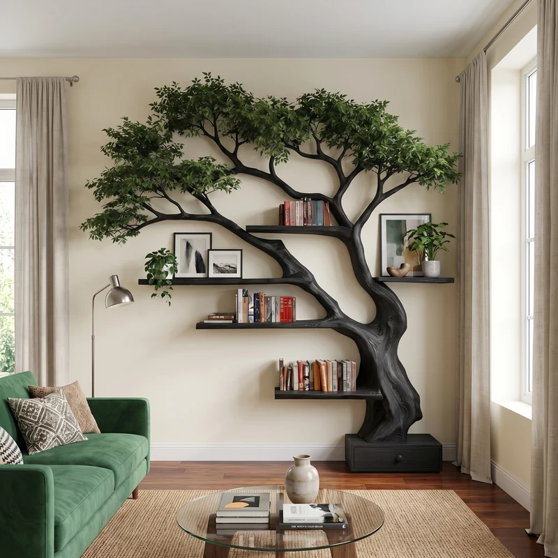 Spry Interior Nature Inspired Tree Bookshelf, Handcrafted Solid Wood Branch Bookcase Display Organizer for Bedroom, SINLKITB722