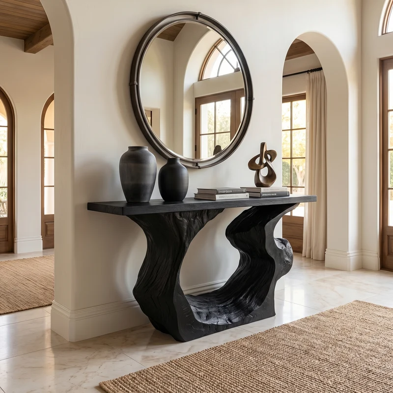 Spry Interior Sculptural Console Table, Modern Solid Wood Entryway Sofa Table & Accent Hallway Credenza, SINLKICS569