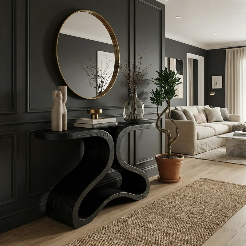 Spry Interior Organic Curved Console Table, Modern Solid Wood Entryway Sofa Table & Hallway Accent Credenza, SINLKICS568