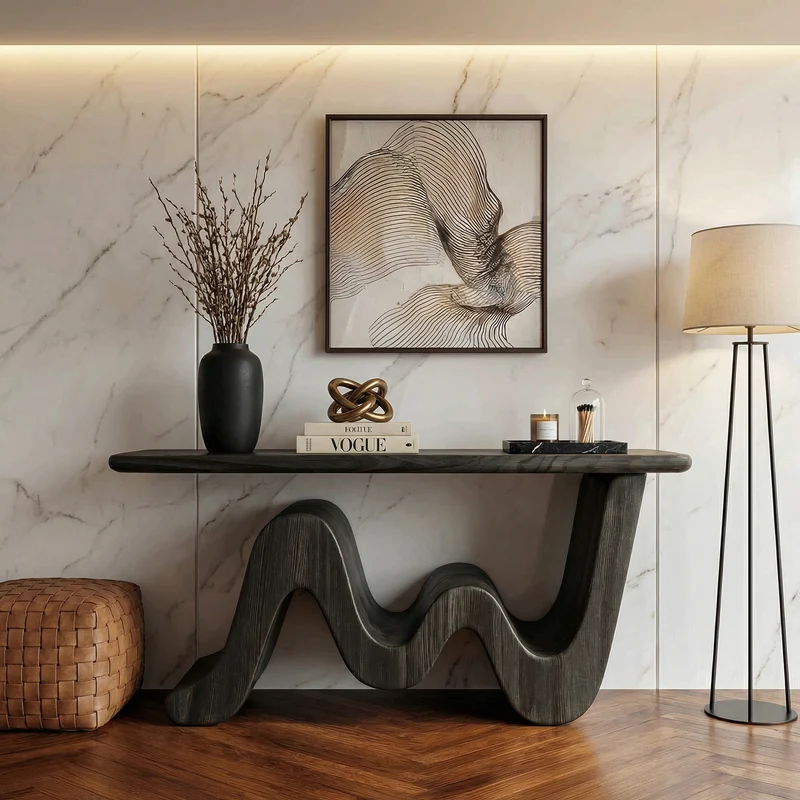 Wave Console Table Solid Wood Soft Curved Shape Living Room And Entryway SINLKICS558