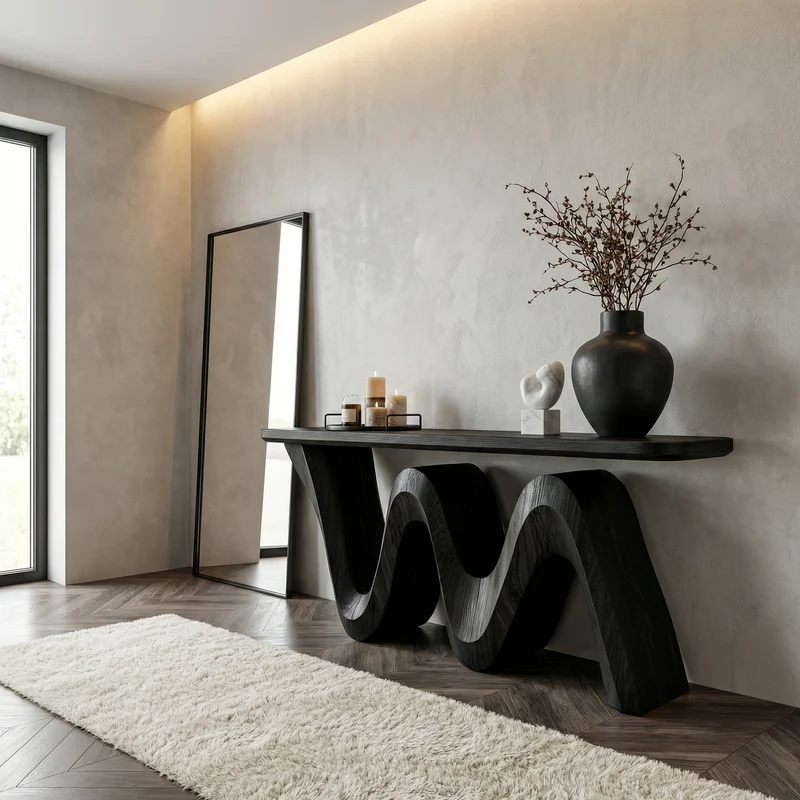 Spry Interior Organic Flow Console Table, Solid Wood Sculptural Wave Base Entryway Sofa Table for Hallway, SINLKICS557