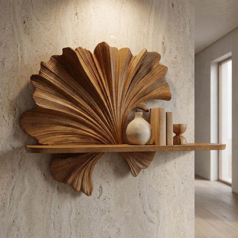 Spry Interior Carved Fan Shape Floating Wall Shelf, Handcrafted Solid Wood Decorative Display Ledge for Living Room, SINLHAFL538