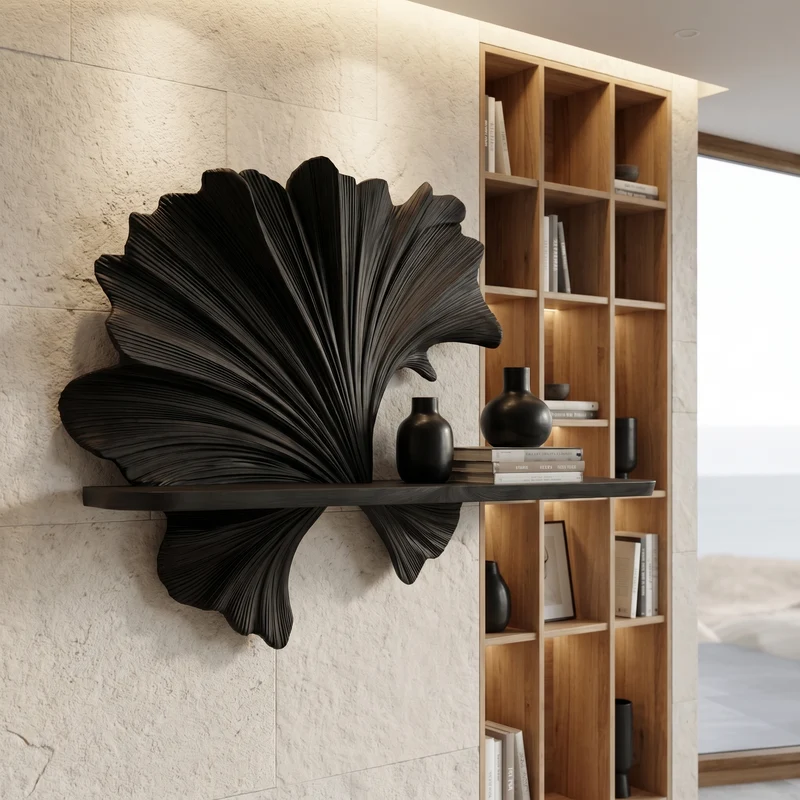 Spry Interior Carved Fan Shape Floating Wall Shelf, Handcrafted Solid Wood Decorative Display Ledge for Living Room, SINLHAFL538