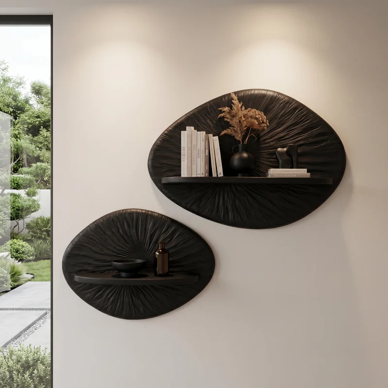 Spry Interior Round Sunburst Floating Wall Shelf, Decorative Handcrafted Solid Wood Display Ledge for Living Room, SINLHAFL536