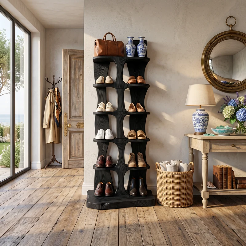 Spry Interior Mid-Century Tall Shoe Storage Rack, Wooden Multi-Tier Shoe Organizer Tower for Foyer & Entryway, SILDTTRSHB016