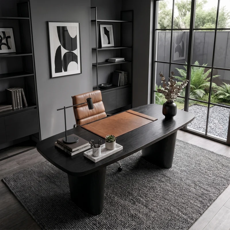 Spry Interior Modern Executive Wooden Desk, Sculptural Solid Wood Base Writing Desk for Home Office & Workspace, SINLKIDK109