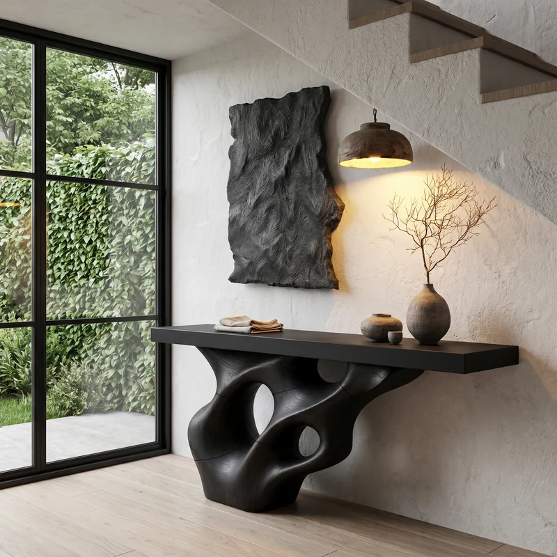Spry Interior Live Edge Console Table, Sculptural Solid Wood Structure Entryway Foyer Sofa Table, SINLHACS580