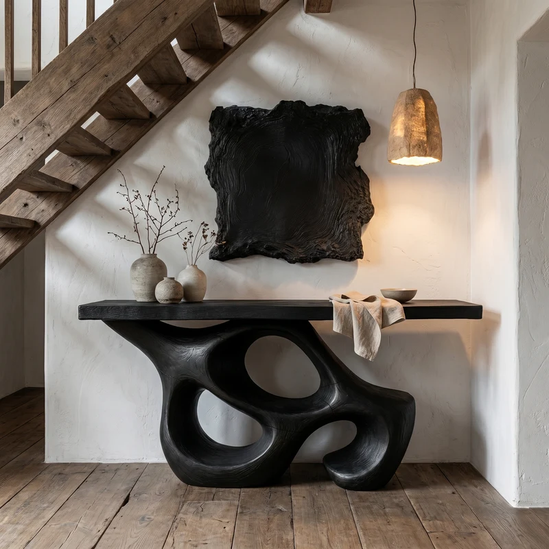Spry Interior Artistic Sculptural Console Table, Abstract Hollow Wood Base Entryway Table for Living Room, SINLHACS579