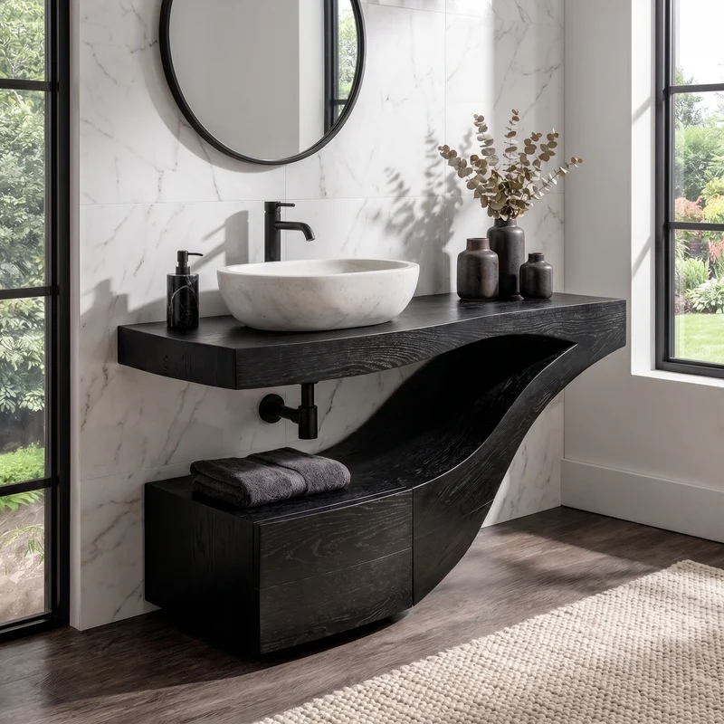 Spry Interior Organic Curved Floating Wooden Bathroom Vanity, Wall Mounted Solid Wood Storage Cabinet for Powder Room Decor, SINLKIBRV302