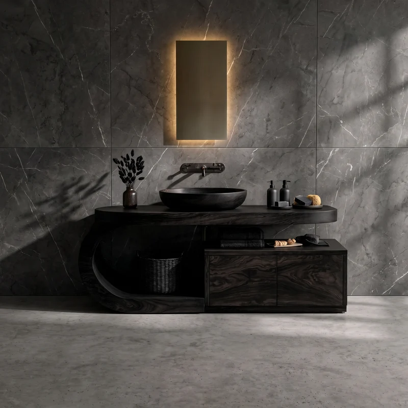 Spry Interior Organic Curved Wooden Bathroom Vanity, Handcrafted Solid Wood Storage Cabinet and Sink Console for Modern Powder Room, SINLKIBRV299
