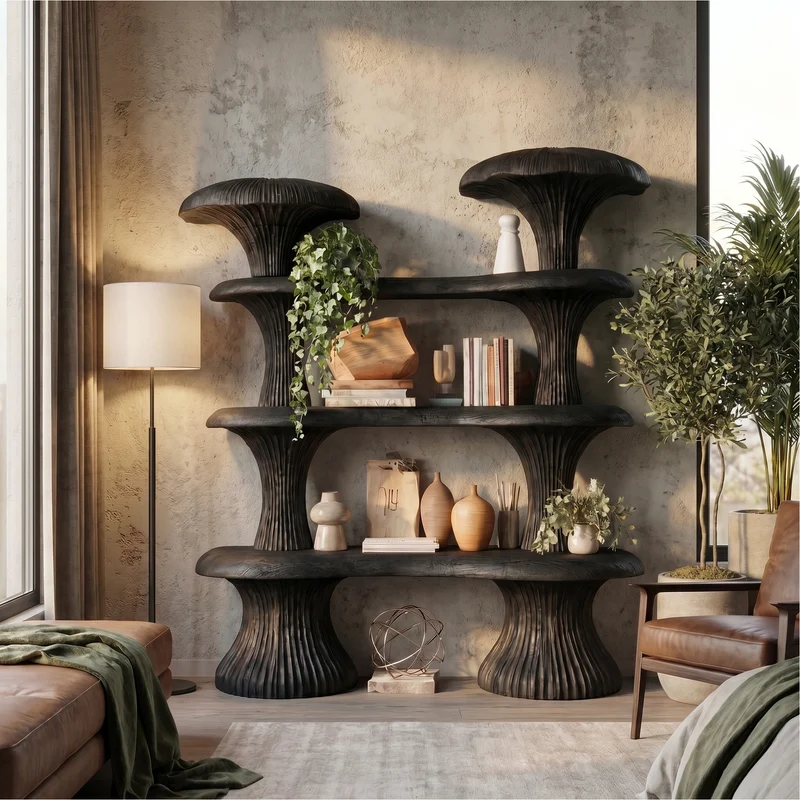 Spry Interior Sculptural Mushroom Wooden Bookcase, Unique Modern Abstract Shelving Unit for Living Room, Bedroom & Reading Nook, SINLSATB728