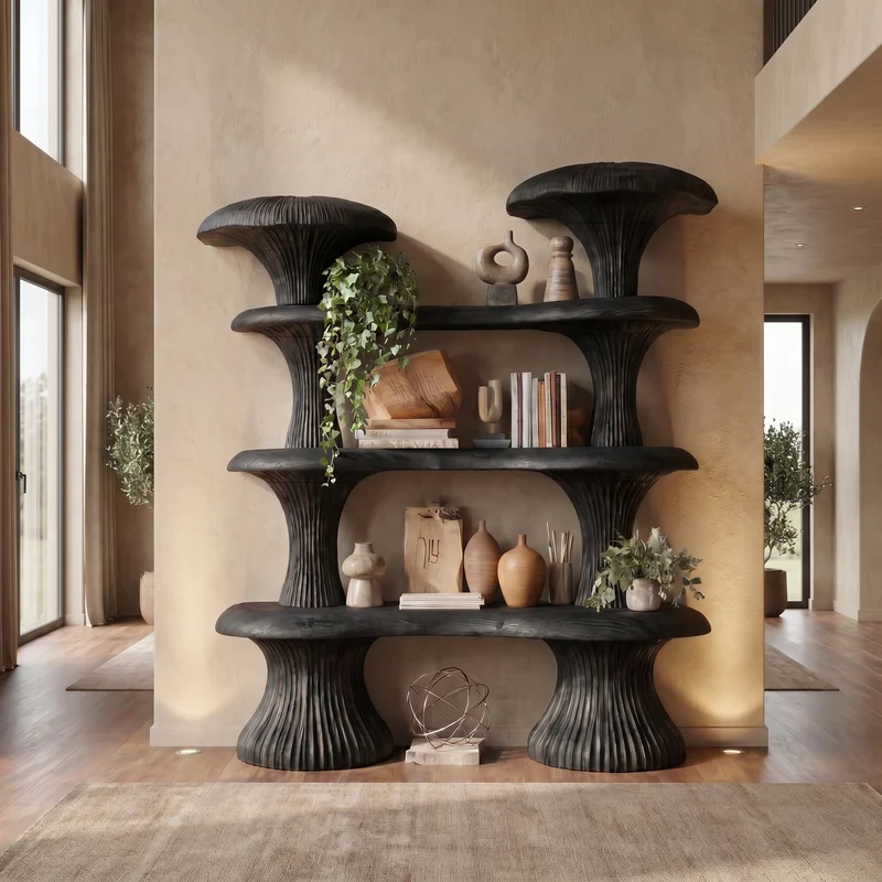 Spry Interior Sculptural Mushroom Wooden Bookcase, Unique Modern Abstract Shelving Unit for Living Room, Bedroom & Reading Nook, SINLSATB728