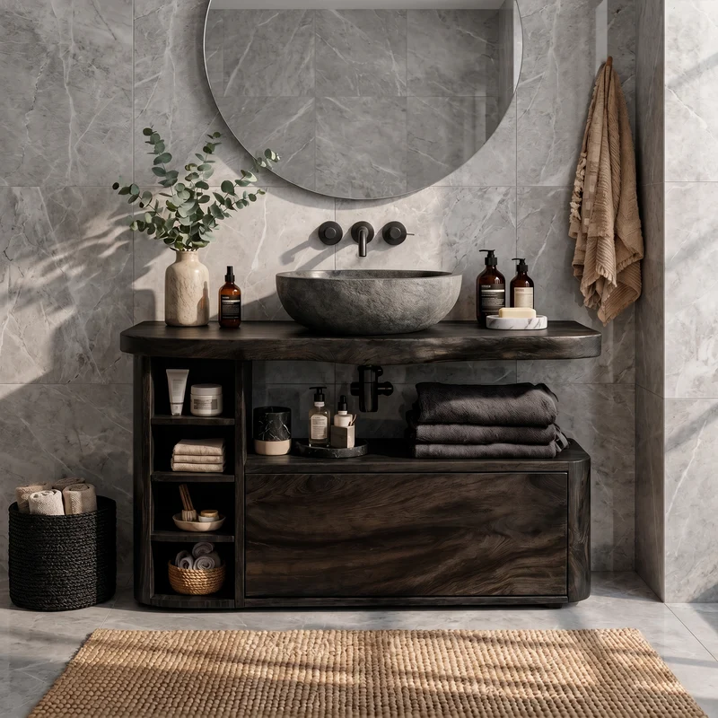 Spry Interior Contemporary Wooden Bathroom Vanity, Modern Handcrafted Solid Wood Storage Cabinet and Sink Console for Powder Room, SINLKIBRV298