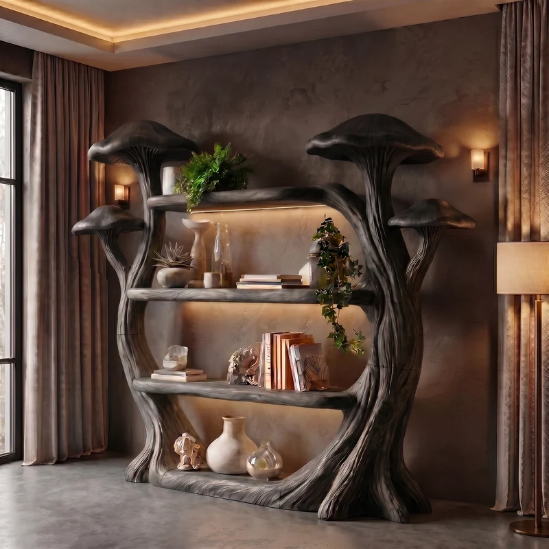 Natural Wood Mushroom Bookcase For Living Room And Reading Room SINLSATB727