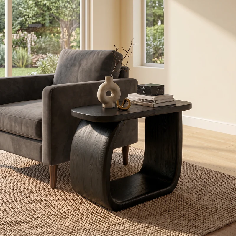 Spry Interior Minimal Wooden Bedside Table with Curved Open Frame, Handcrafted Modern Side Table & Nightstand for Living Room, SINLKIBT244