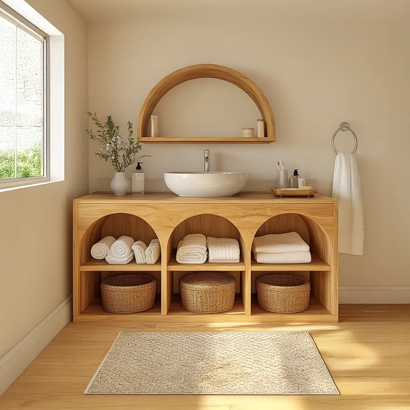 Spry Interior Scandinavian Wooden Bathroom Storage Cabinet with Arched Open Shelves, Natural Wood Linen Organizer for Modern Home, SINLSABRV208