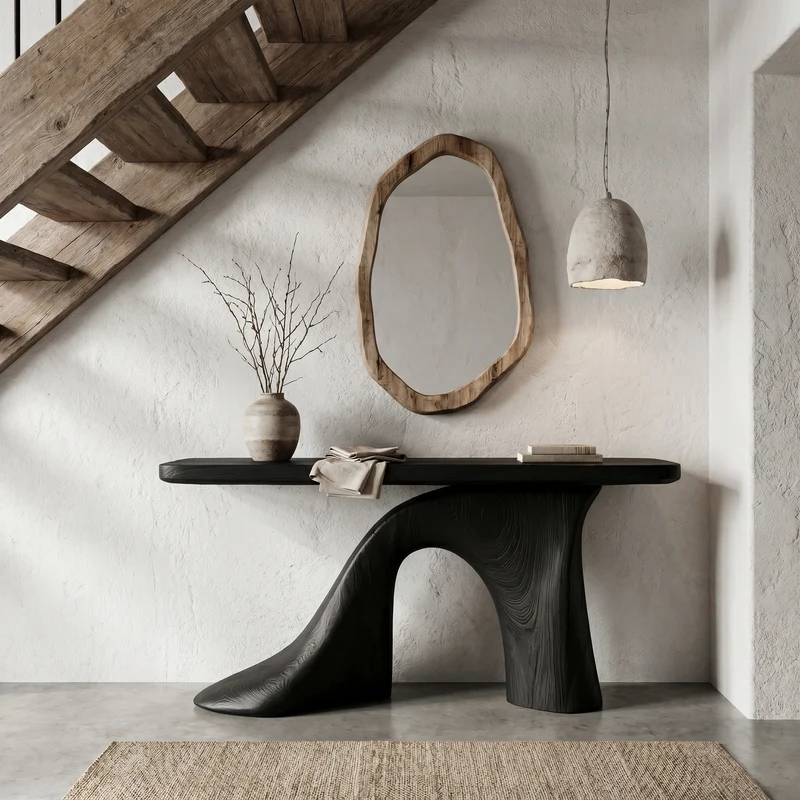 Spry Interior Modern Console Table, Handcrafted Wooden Entryway Table with Sculptural Base for Living Room and Office Foyer Decor, SINLHACS573