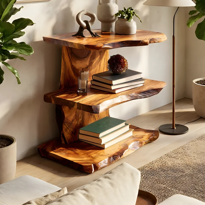 Spry Interior Farmhouse Live Edge Wooden Standing Shelf, Handcrafted Solid Wood Bookcase & Display Rack Decor, SILDTTNFGS018