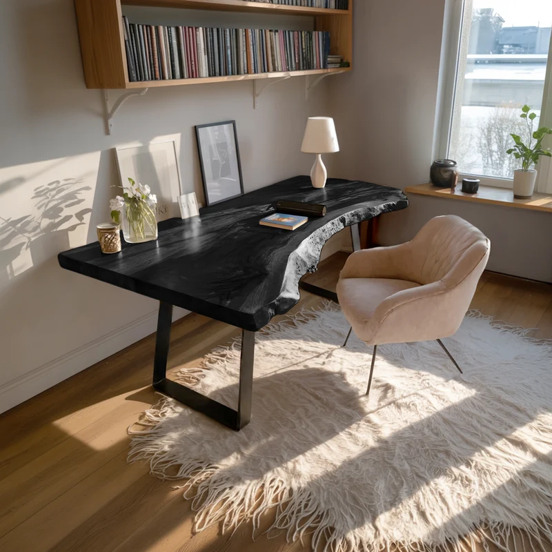Spry Interior Mid Century Live Edge Wood Desk, Handcrafted Solid Wood Home Office Computer Desk & Writing Table for Modern Foyer, SILDTTNDE021