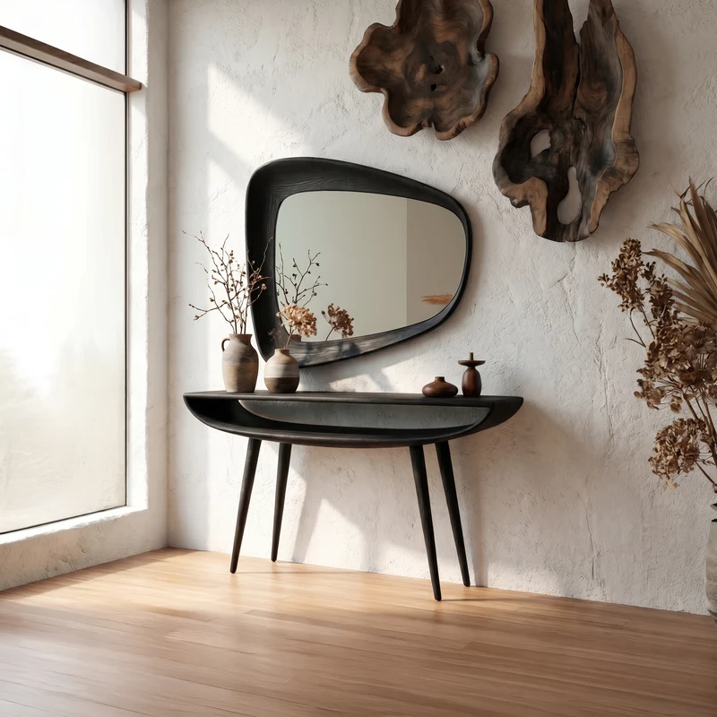 Spry Interior Mid-Century Curved Console Table, Solid Wood Modern Entryway Table, Minimalist Bedroom Accent Table, SINLSACS152