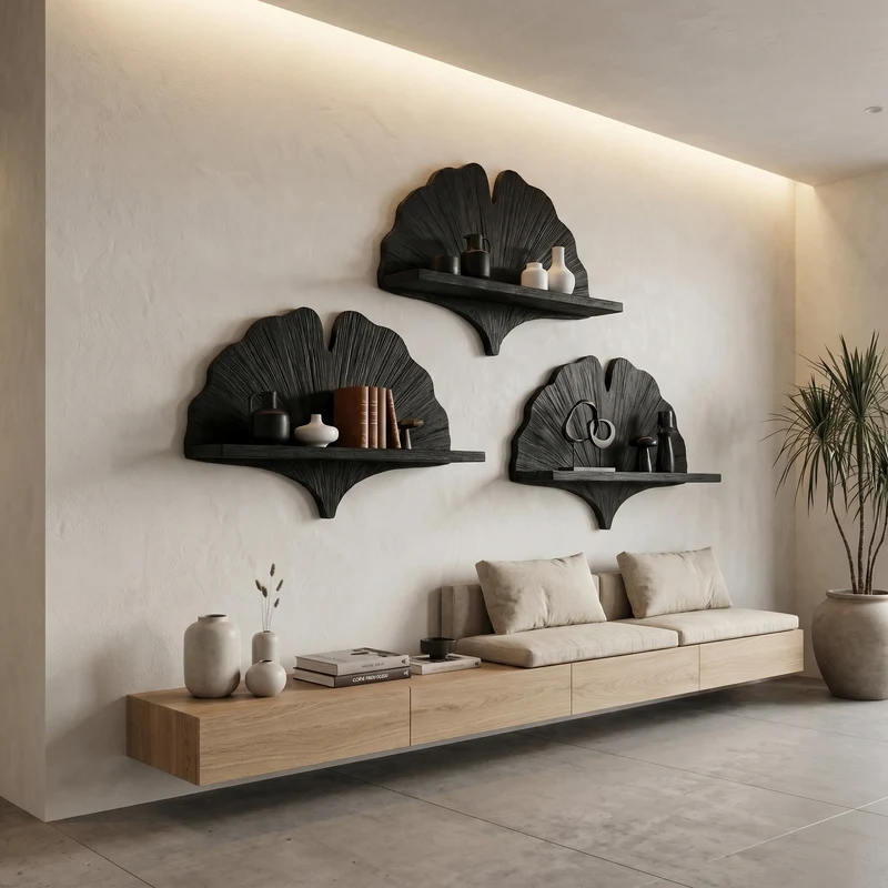 Spry Interior Fan Shape Wooden Floating Wall Shelf, Solid Wood Corner Display & Decorative Mounted Shelf for Living Room, SINLHAFL531