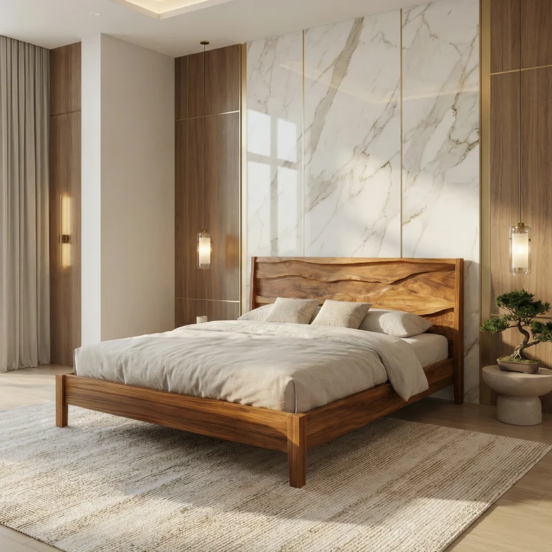 Spry Interior Rustic Natural Wood Bed Frame, Solid Wood Live Edge Platform Bed, Handcrafted Mid-Century Bedroom Furniture, SINLSAWB118