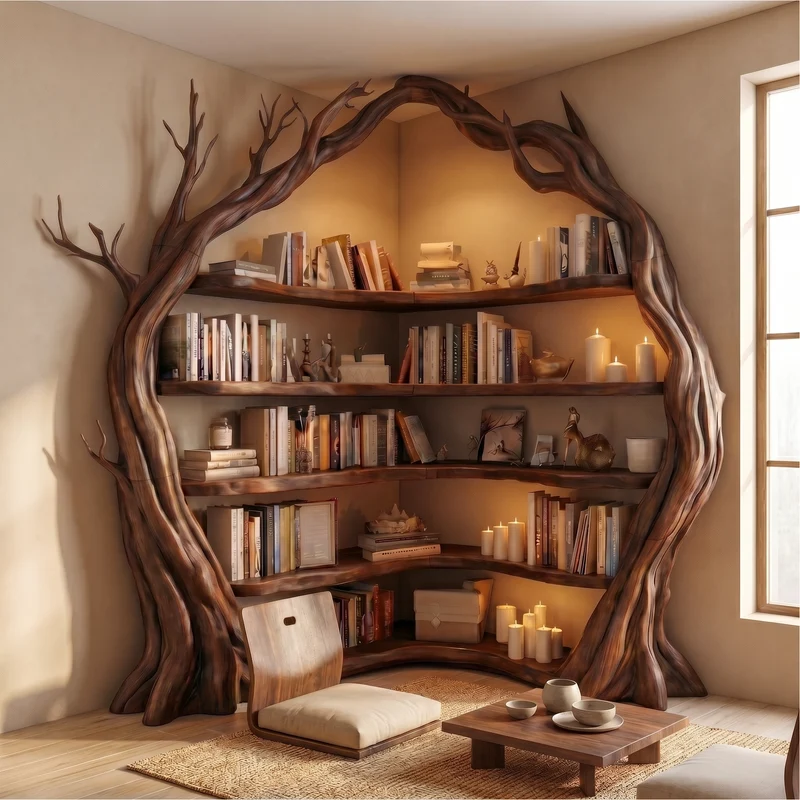 Statement Tree Corner Bookshelf For Living Room And Reading Nook SINLSATB733