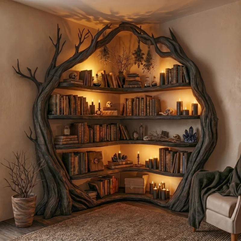 Statement Tree Corner Bookshelf For Living Room And Reading Nook SINLSATB733
