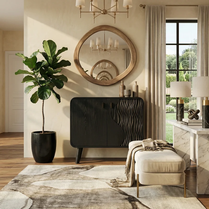 Spry Interior Rustic Woven Door Storage Cabinet, Solid Wood Entryway Credenza Accent Sideboard, Living Room Console, SINLKISC511