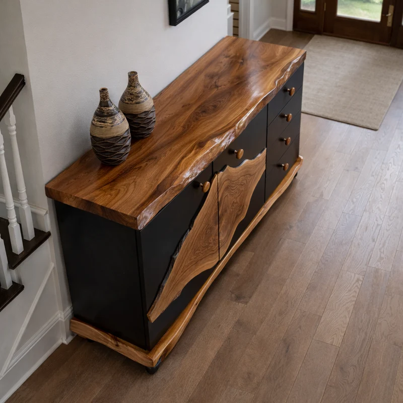 Rustic Live Edge Storage Cabinet Solid Wood Natural Slab Top Design Living Room And Entryway SINLKISC510