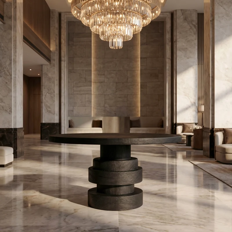 Spry Interior Modern Luxury Stacked Base Round Entryway Table, Solid Wood Architectural Foyer Pedestal Accent Table, SINLSAFT029