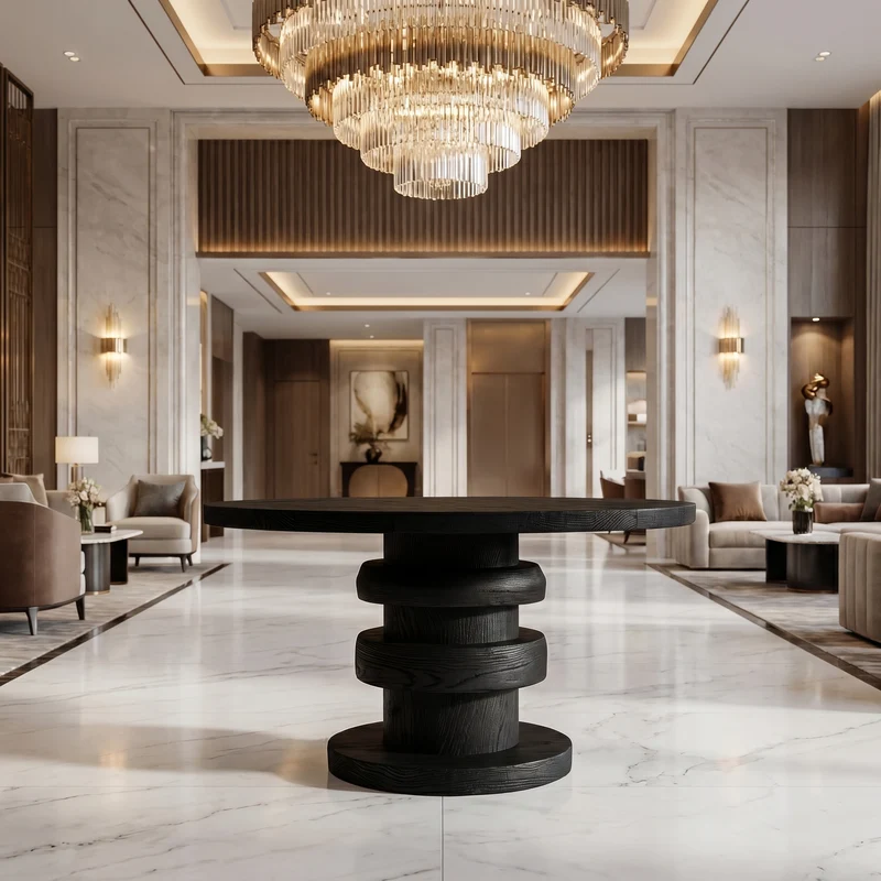Spry Interior Modern Luxury Architectural Round Foyer Table, Solid Wood Sculptural Pedestal Entry Table for Lobby, SINLSAFT028