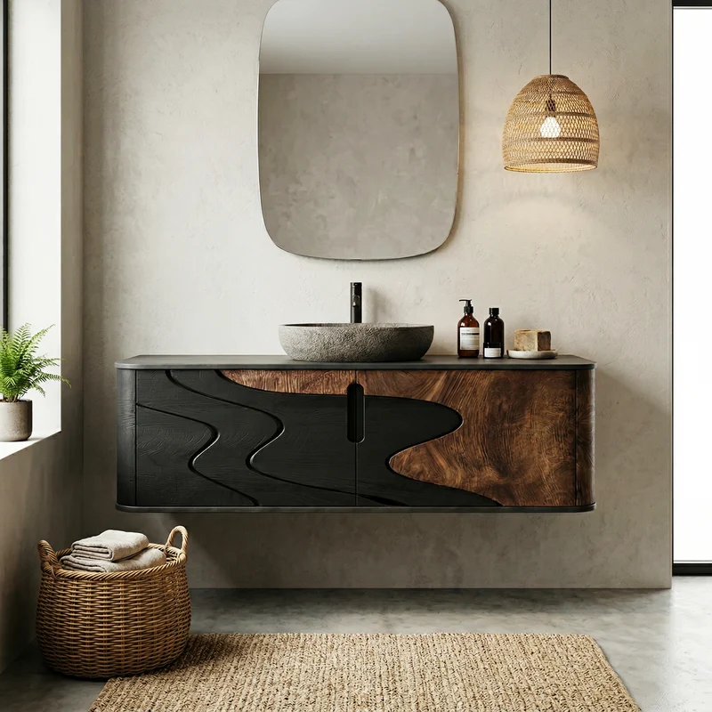 Organic Flow Bathroom Vanity Solid Wood Curved Front Storage Bathroom SINLHABCT018