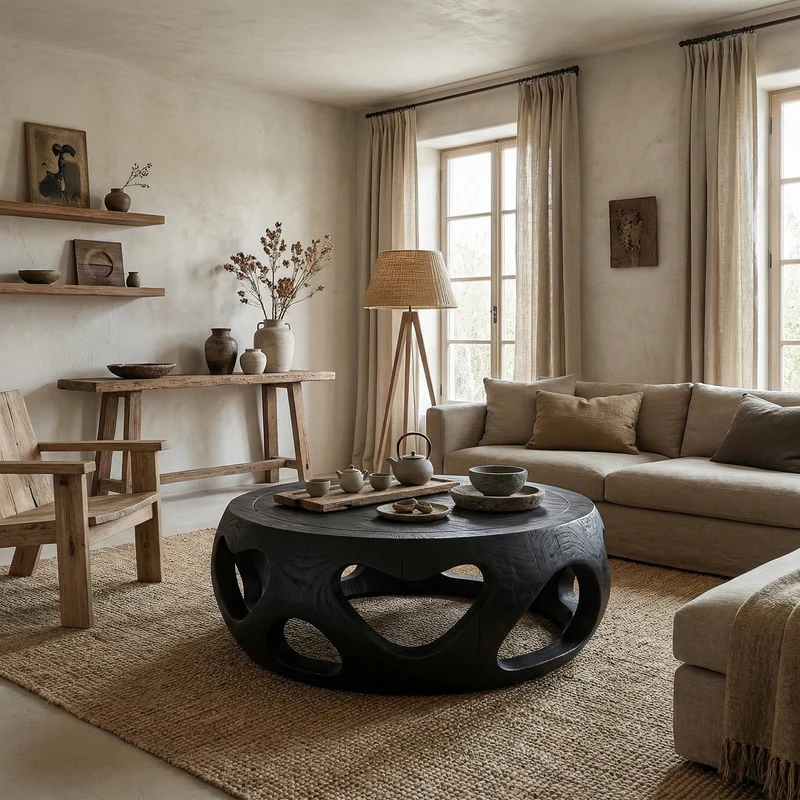 Spry Interior Organic Coffee Table, Solid Wood Circular Hollow Sculptural Center Table, Modern Living Room Furniture, SINLSACF352
