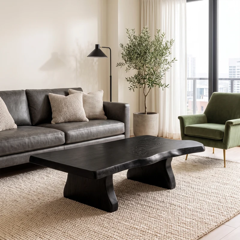 Spry Interior Sculptural Curved Coffee Table, Solid Wood Minimal Flow Center Table, Modern Living Room Accent Furniture, SINLKICF342