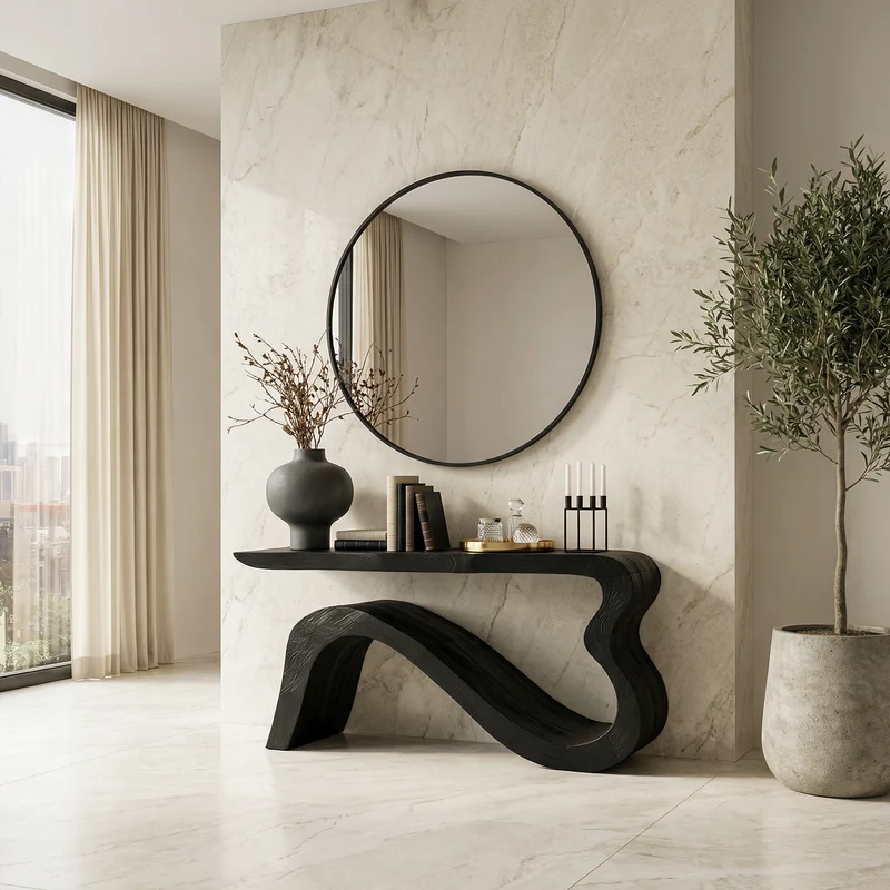 Spry Interior Contemporary Wave Console Table, Solid Wood Soft Curved Sculptural Base Entryway Accent Table, SINLKICS552